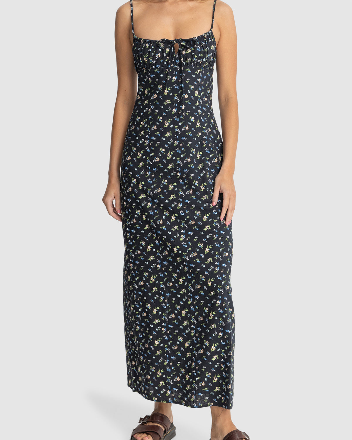 WOMENS FLEUR FLORAL GATHERED MAXI DRESS