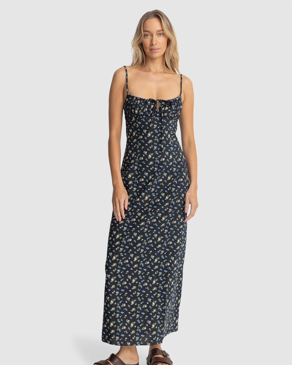 WOMENS FLEUR FLORAL GATHERED MAXI DRESS