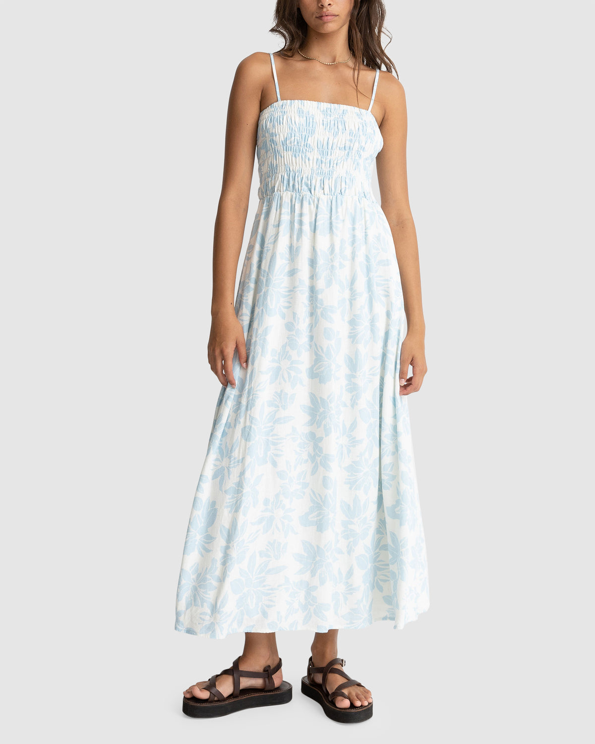 WOMENS GRACE FLORAL SHIRRED MIDI DRESS