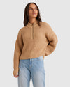WOMENS WAFFLES ZIP NECK SWEATER