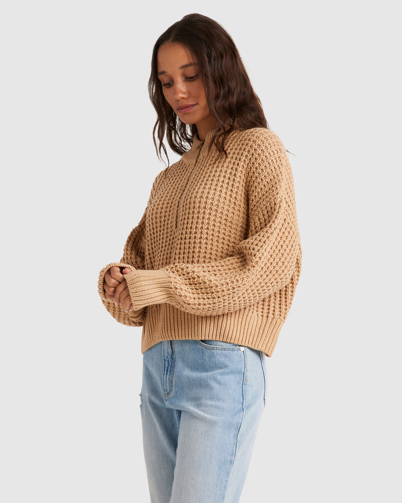 WOMENS WAFFLES ZIP NECK SWEATER
