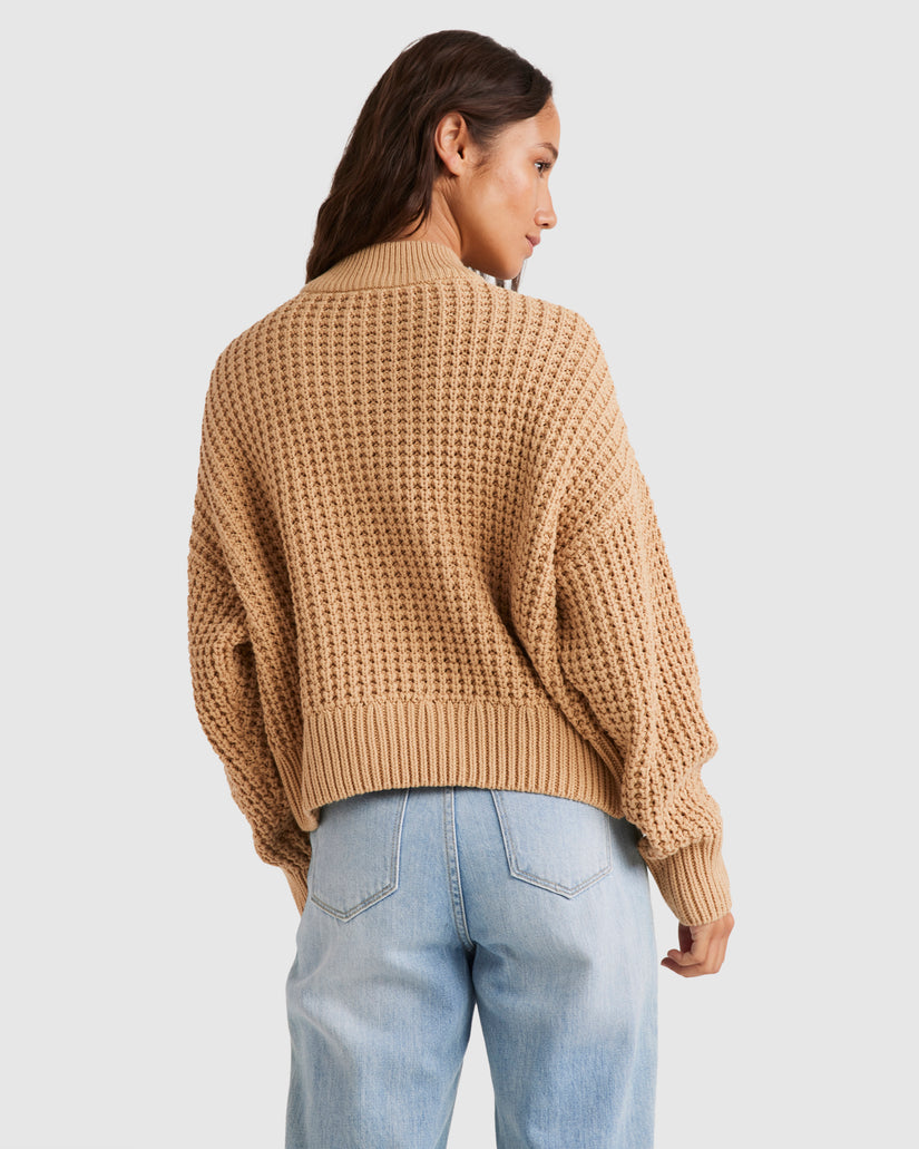WOMENS WAFFLES ZIP NECK SWEATER