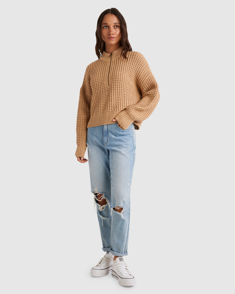 WOMENS WAFFLES ZIP NECK SWEATER