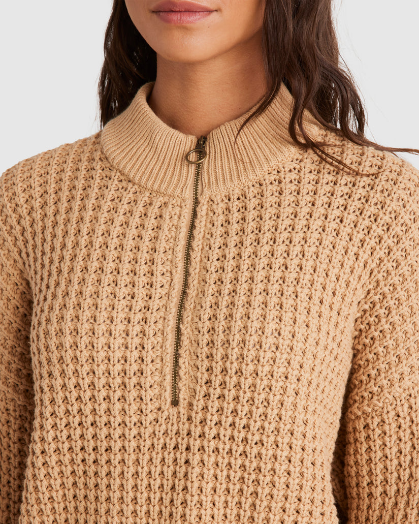 WOMENS WAFFLES ZIP NECK SWEATER