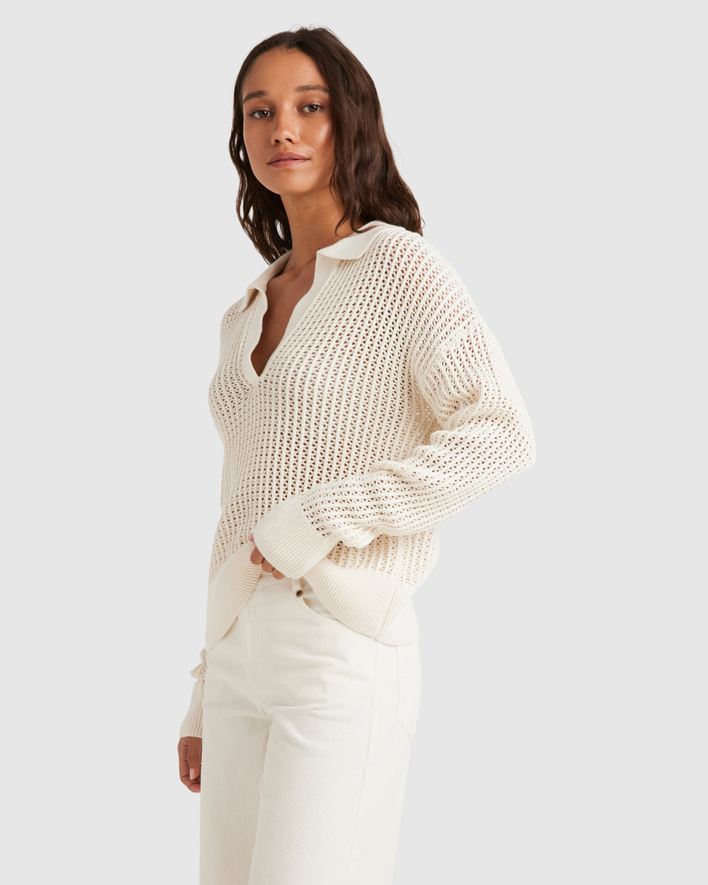 WOMENS OPEN KNIT POLO SWEATER