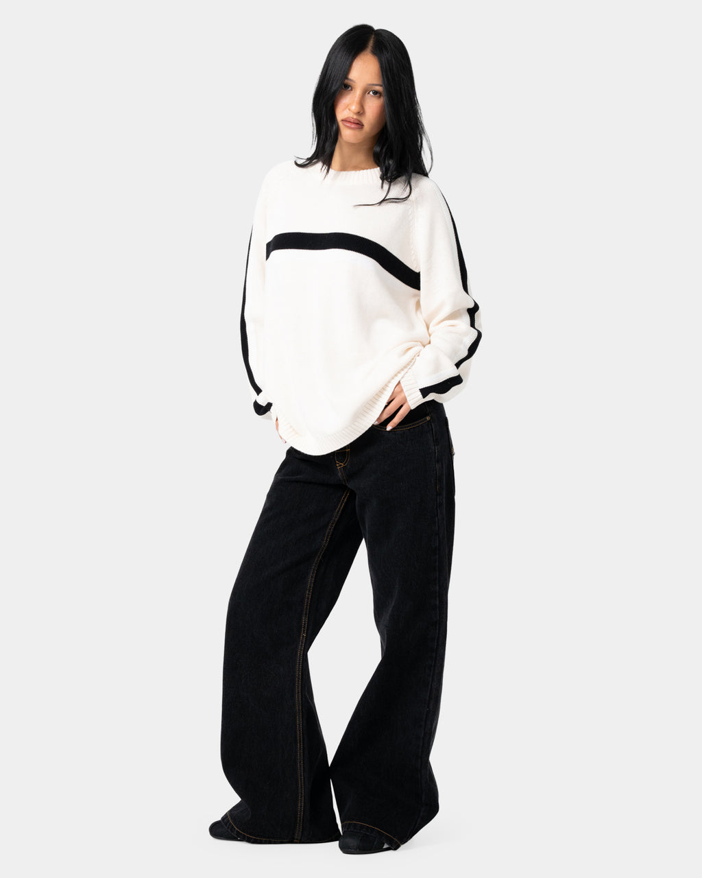 Womens White Lines Crew Neck