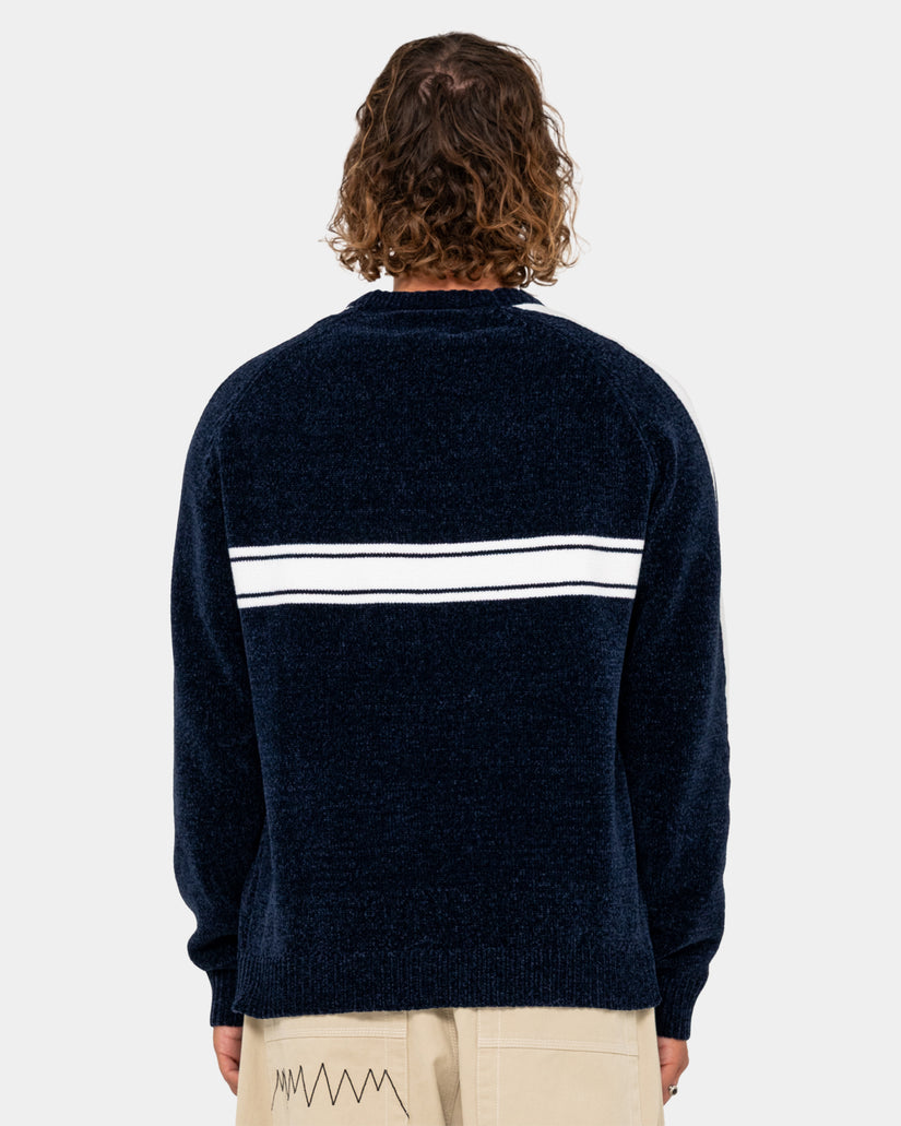 Mens White Lines Chenille Crew Neck