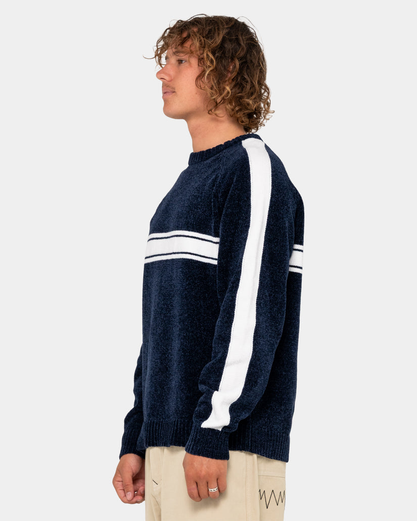 Mens White Lines Chenille Crew Neck