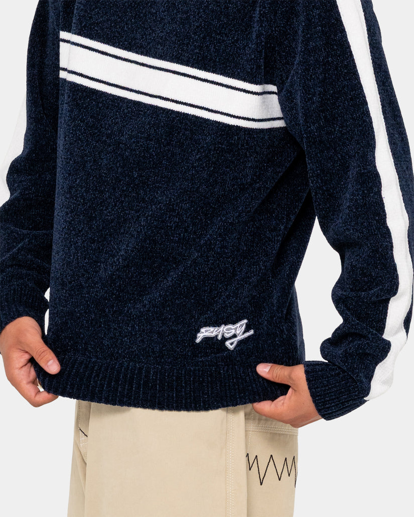 Mens White Lines Chenille Crew Neck