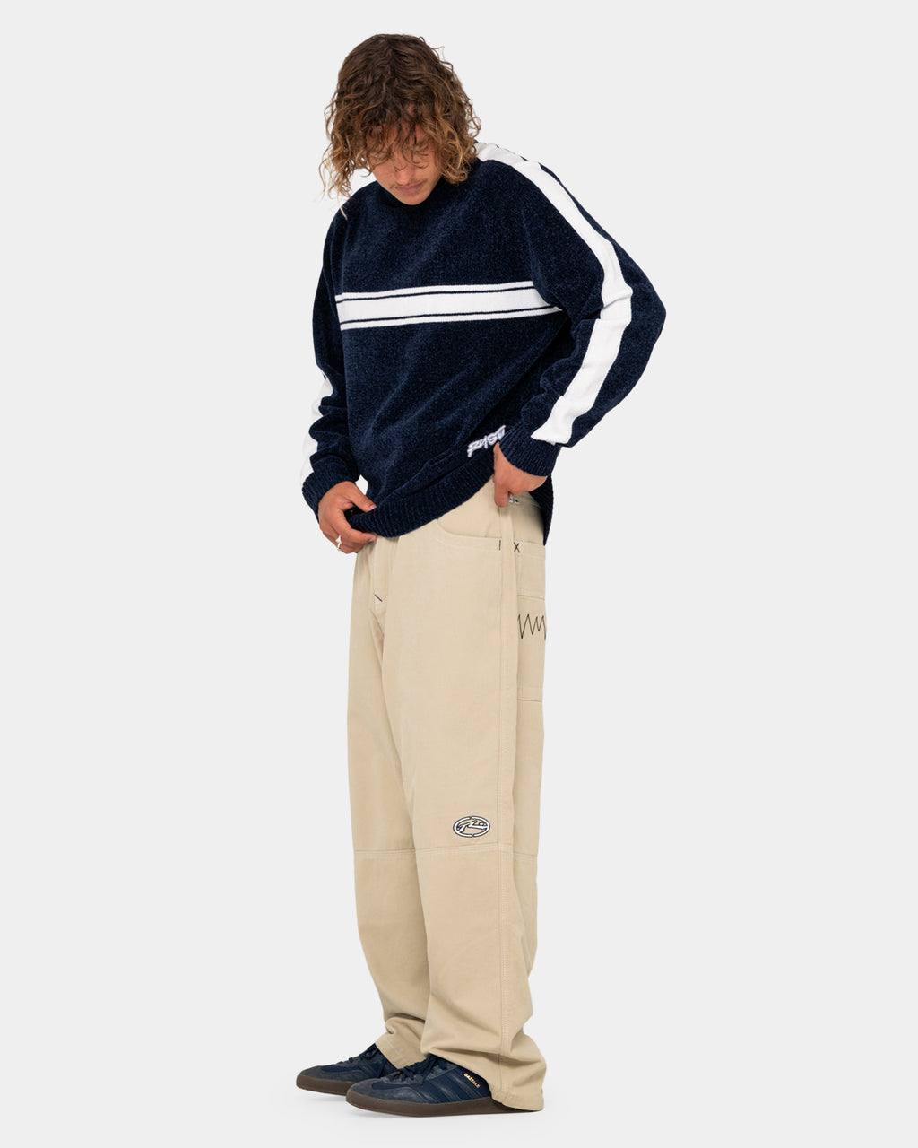 Mens White Lines Chenille Crew Neck
