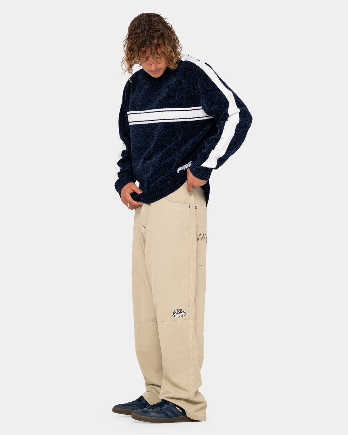Mens White Lines Chenille Crew Neck
