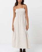 WOMENS CLASSIC SHIRRED MIDI DRESS