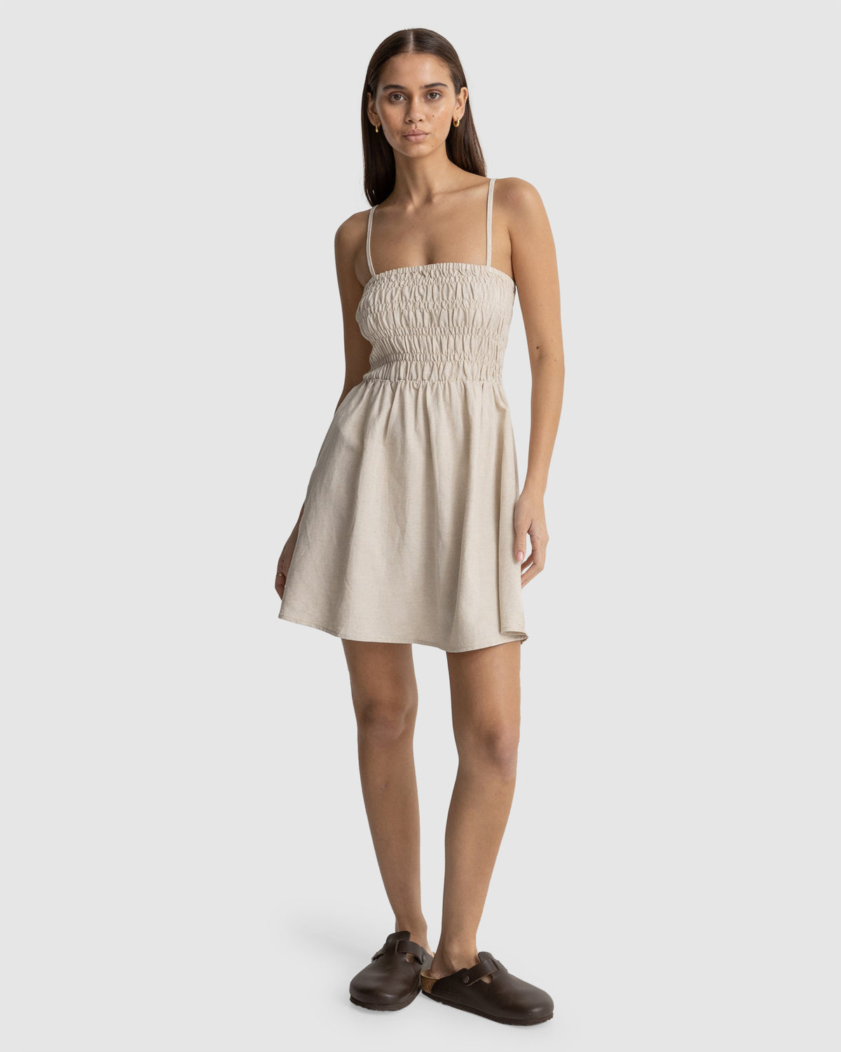 WOMENS CLASSIC SHIRRED MINI DRESS