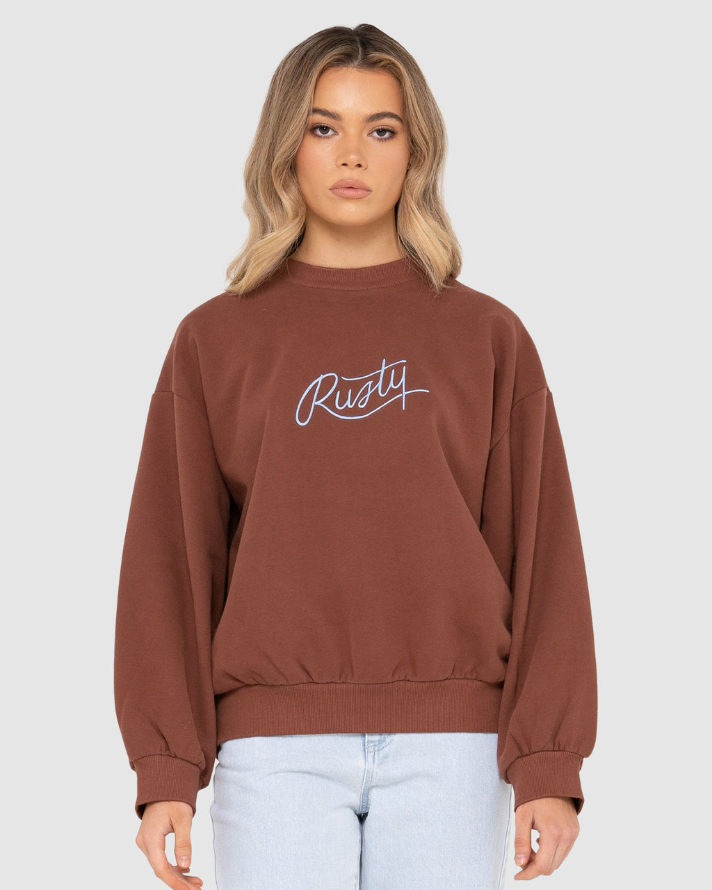 WOMENS RUSTY SCRIPT OVERSIZE CREW NECK FLEECE