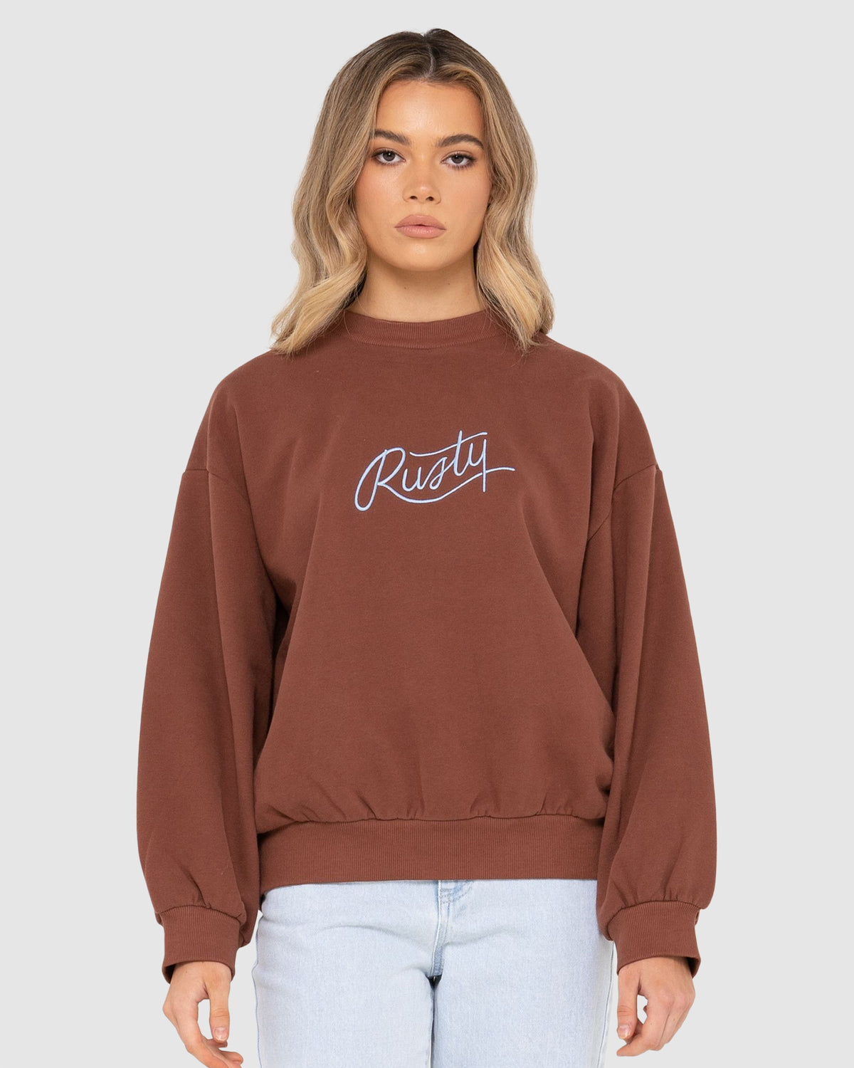 WOMENS RUSTY SCRIPT OVERSIZE CREW NECK FLEECE