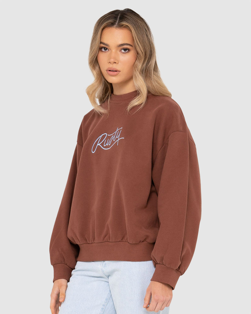 WOMENS RUSTY SCRIPT OVERSIZE CREW NECK FLEECE