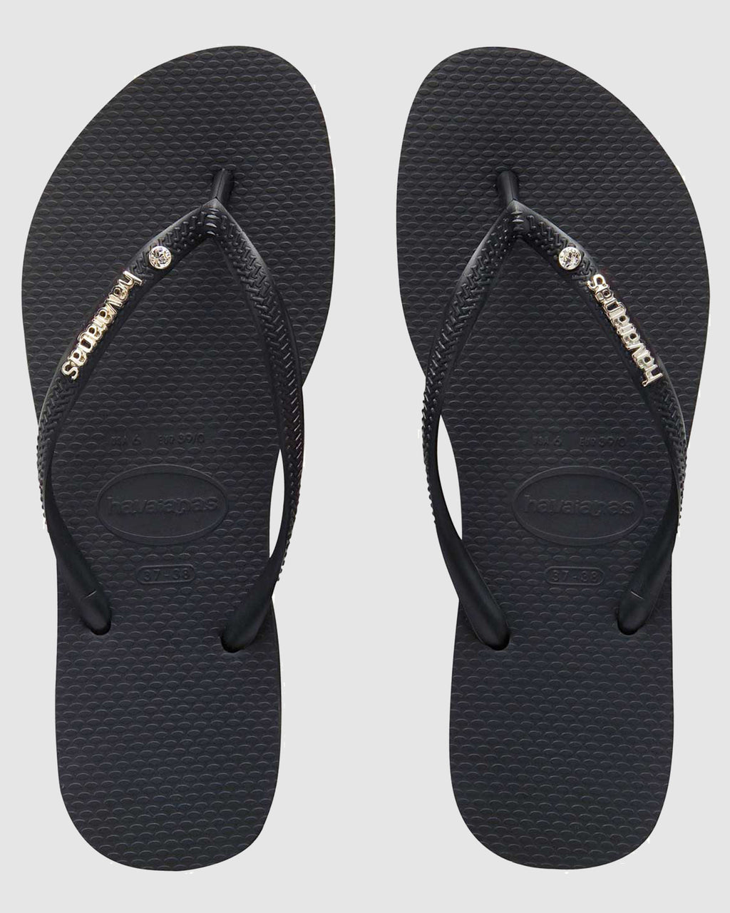 Womens Slim Metal Logo Crystal Thongs
