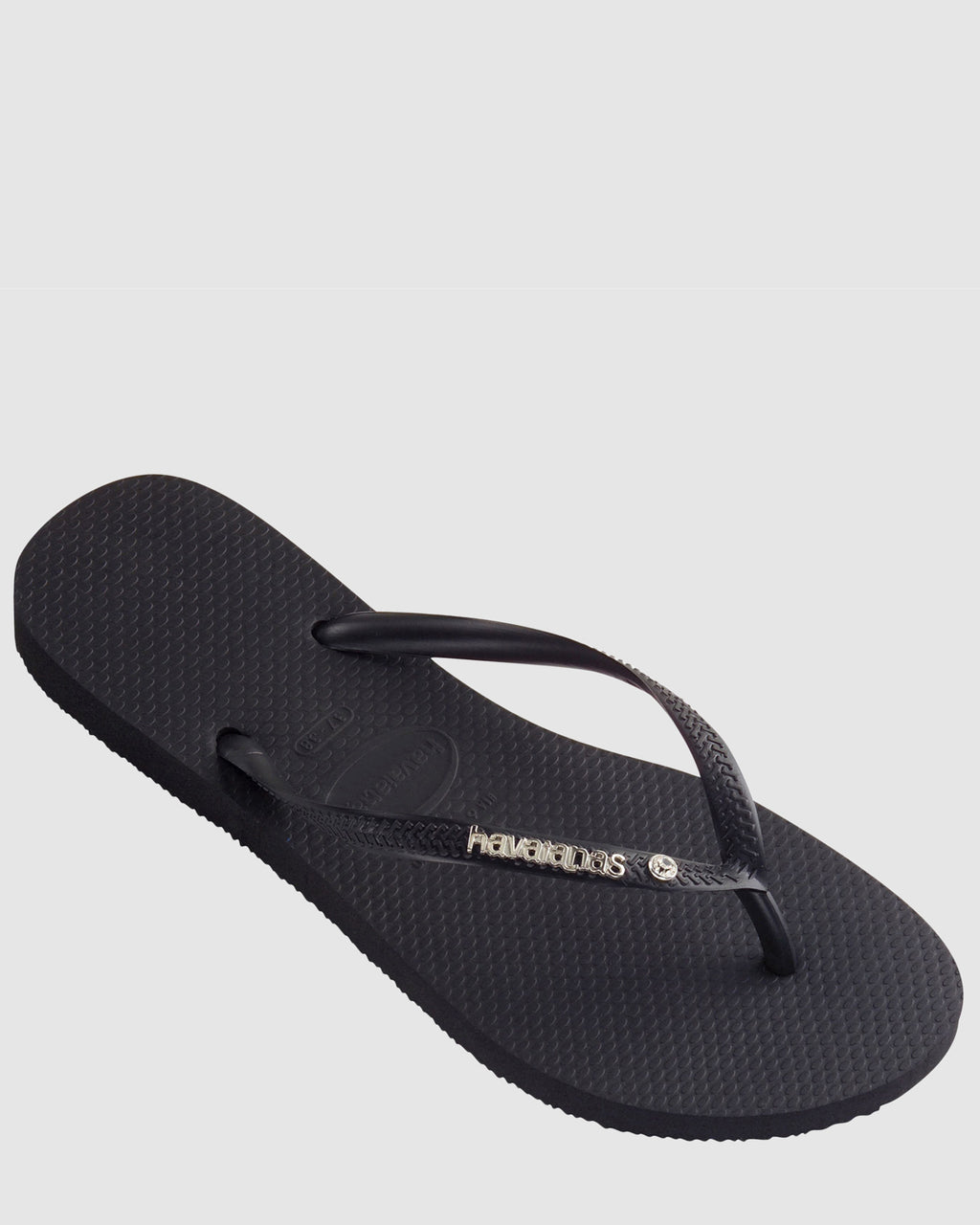 Womens Slim Metal Logo Crystal Thongs