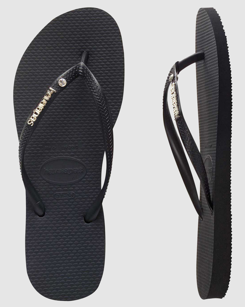 Womens Slim Metal Logo Crystal Thongs