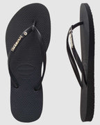 Womens Slim Metal Logo Crystal Thongs