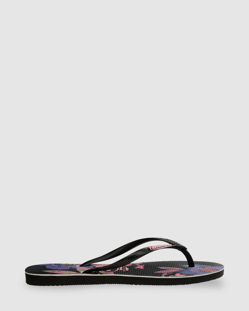 Womens Slim Floral Neon Black Thongs