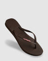 WOMENS SLIM RUBBER LOGO BROWN THONGS