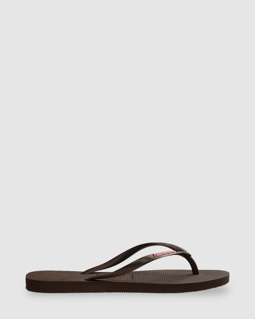 WOMENS SLIM RUBBER LOGO BROWN THONGS