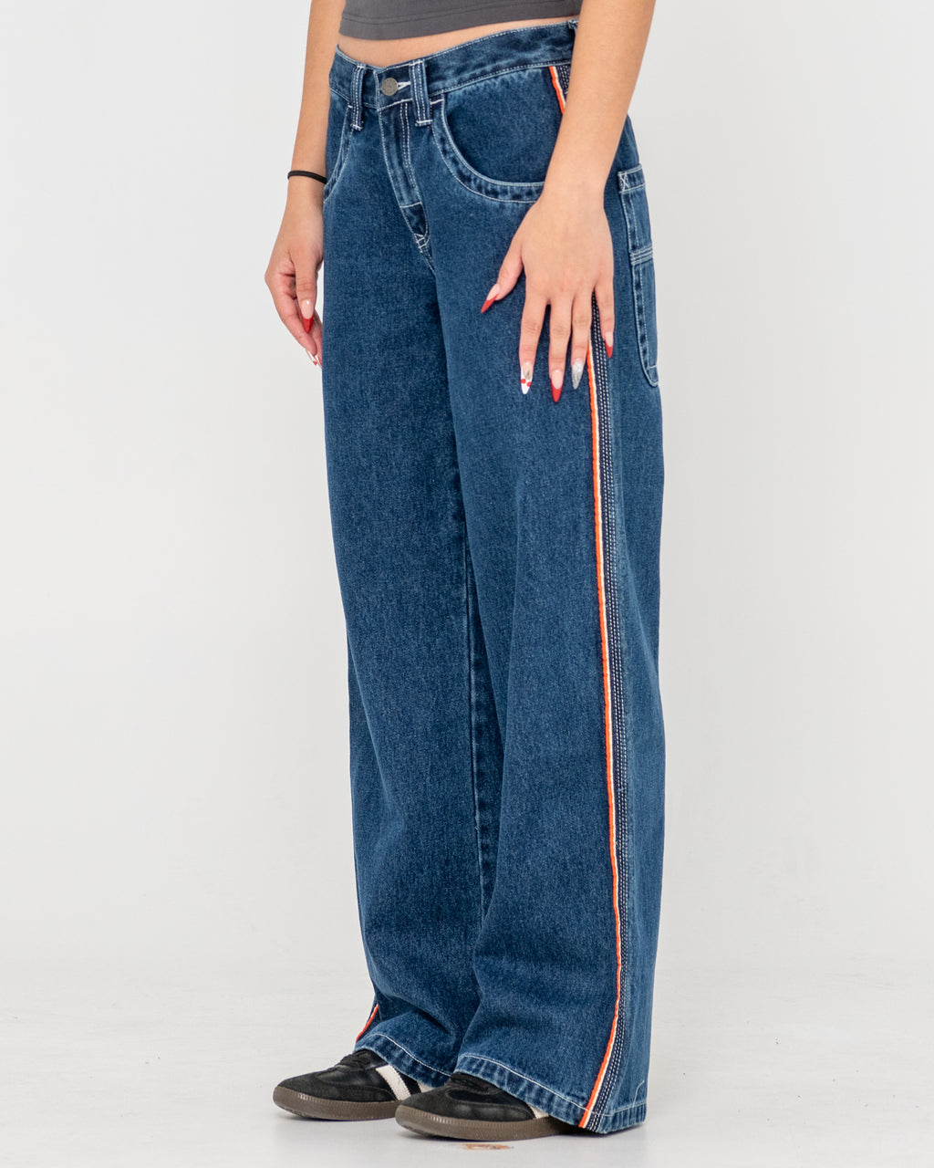 WOMENS FLIP MOMMY LOW RISE WIDE LEG DENIM JEANS