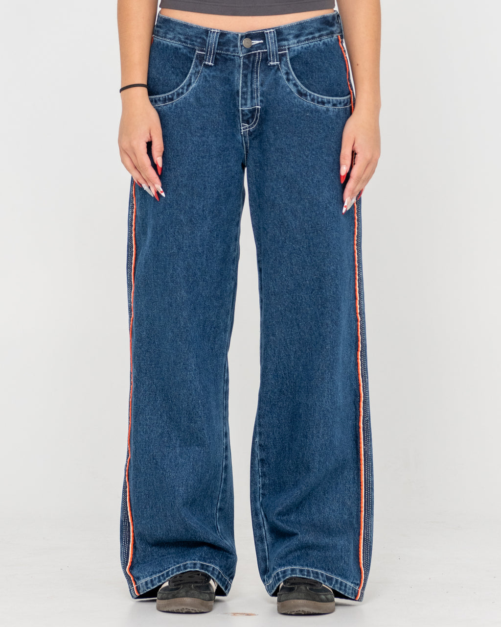 WOMENS FLIP MOMMY LOW RISE WIDE LEG DENIM JEANS