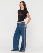 WOMENS FLIP MOMMY LOW RISE WIDE LEG DENIM JEANS