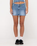 WOMENS FLIP MOMMY LOW RISE MINI DENIM SKIRT