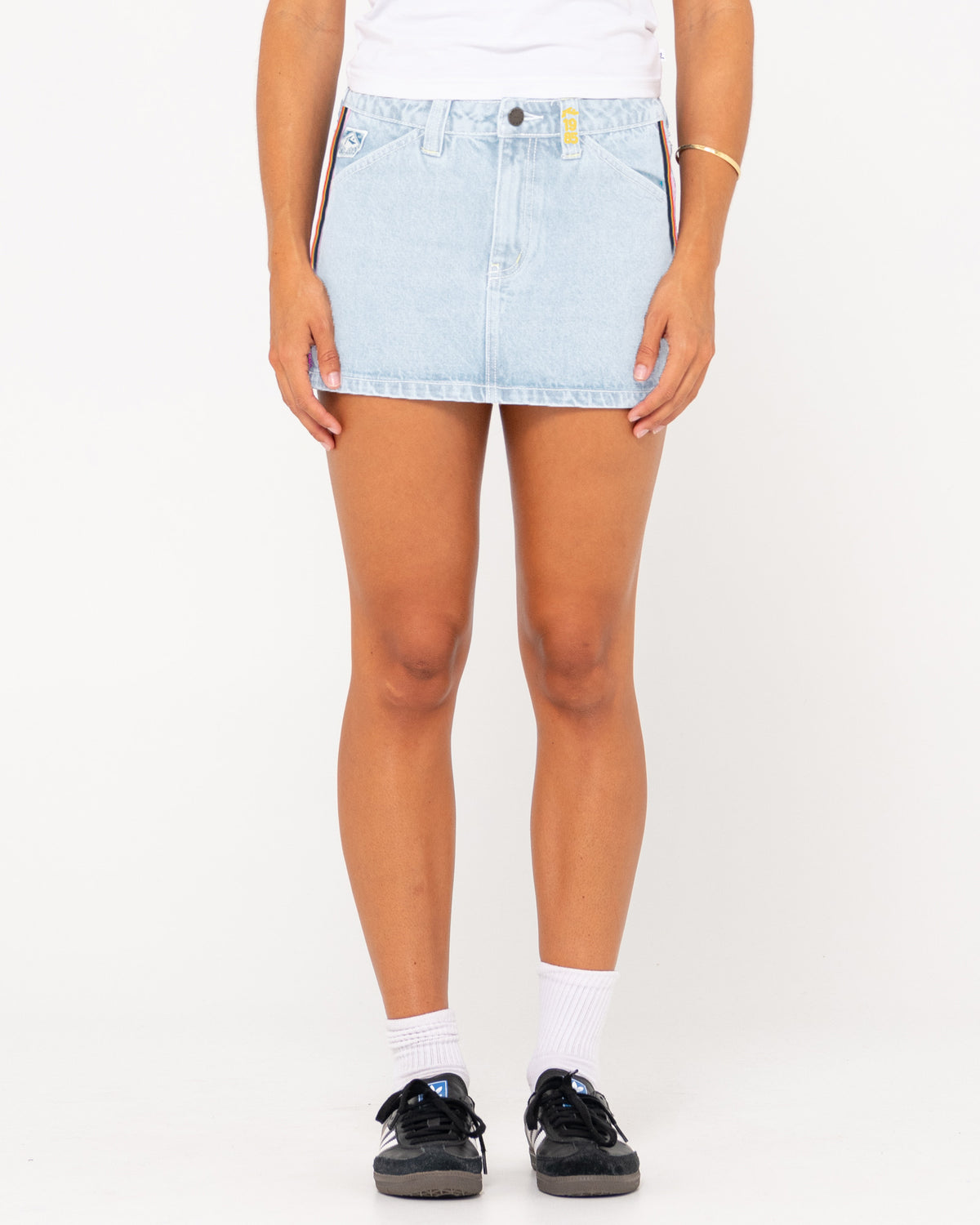 WOMENS FLIP MOMMY LOW RISE MINI DENIM SKIRT