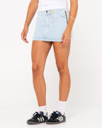 WOMENS FLIP MOMMY LOW RISE MINI DENIM SKIRT
