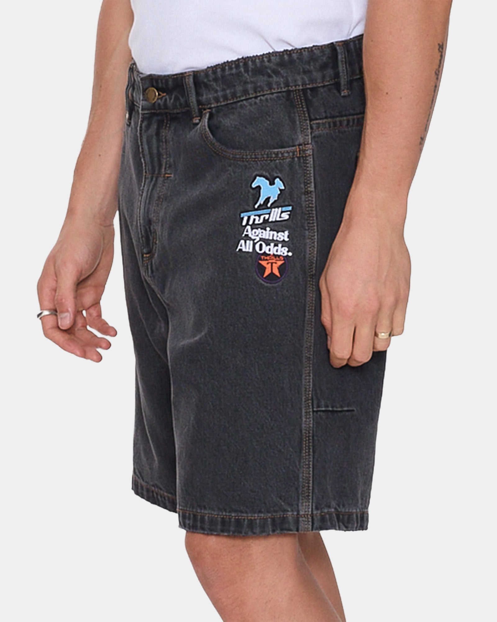 Mens Against All Odds Mid Slacker Relaxed Denim Shorts