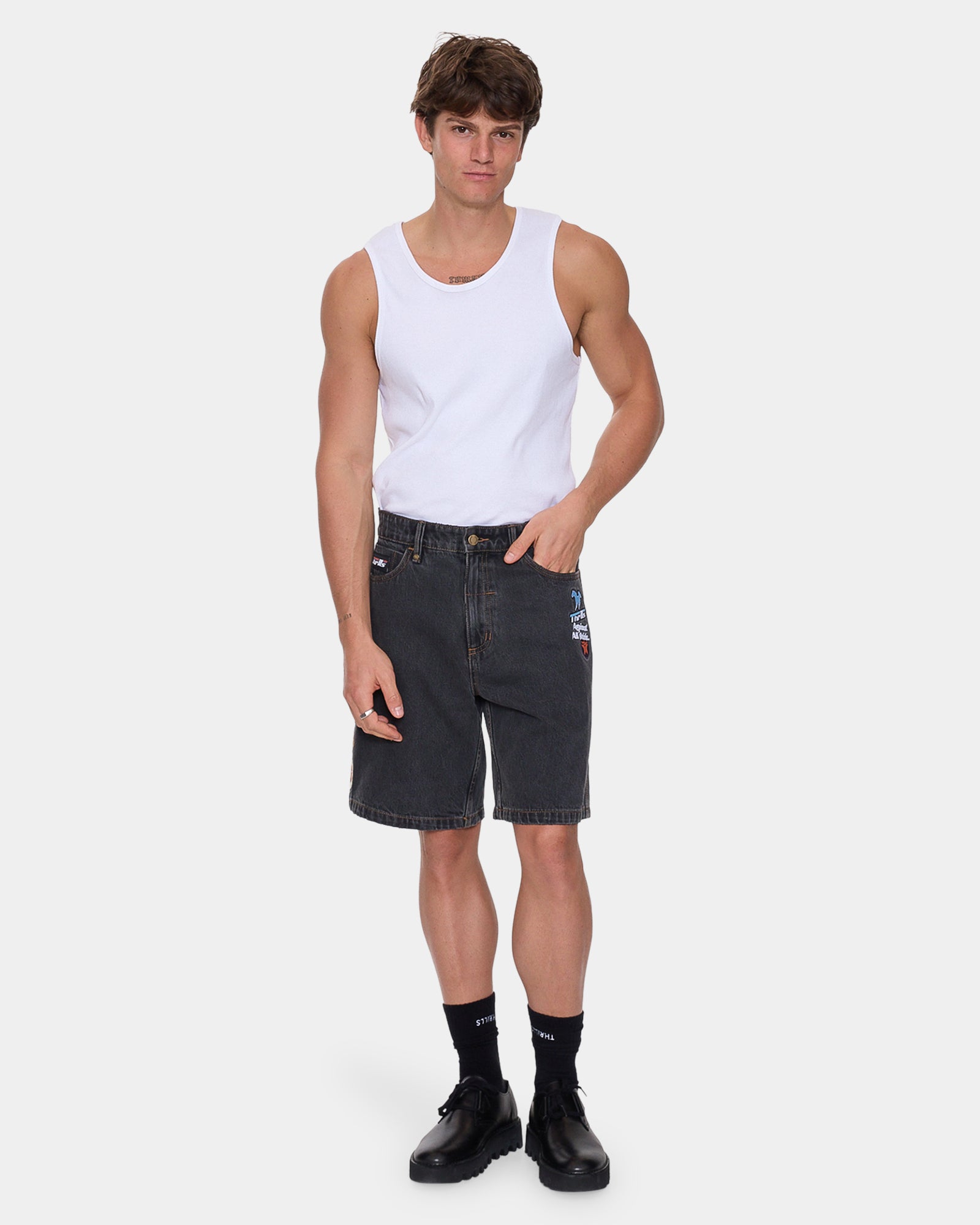 Mens Against All Odds Mid Slacker Relaxed Denim Shorts