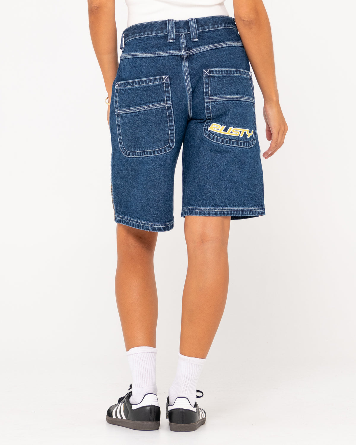 WOMENS FLIP MOMMY LOW RISE WIDE LEG DENIM SHORTS