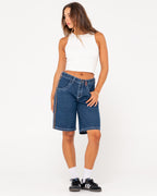 WOMENS FLIP MOMMY LOW RISE WIDE LEG DENIM SHORTS