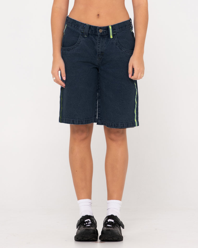WOMENS FLIP MOMMY LOW RISE WIDE LEG DENIM SHORTS