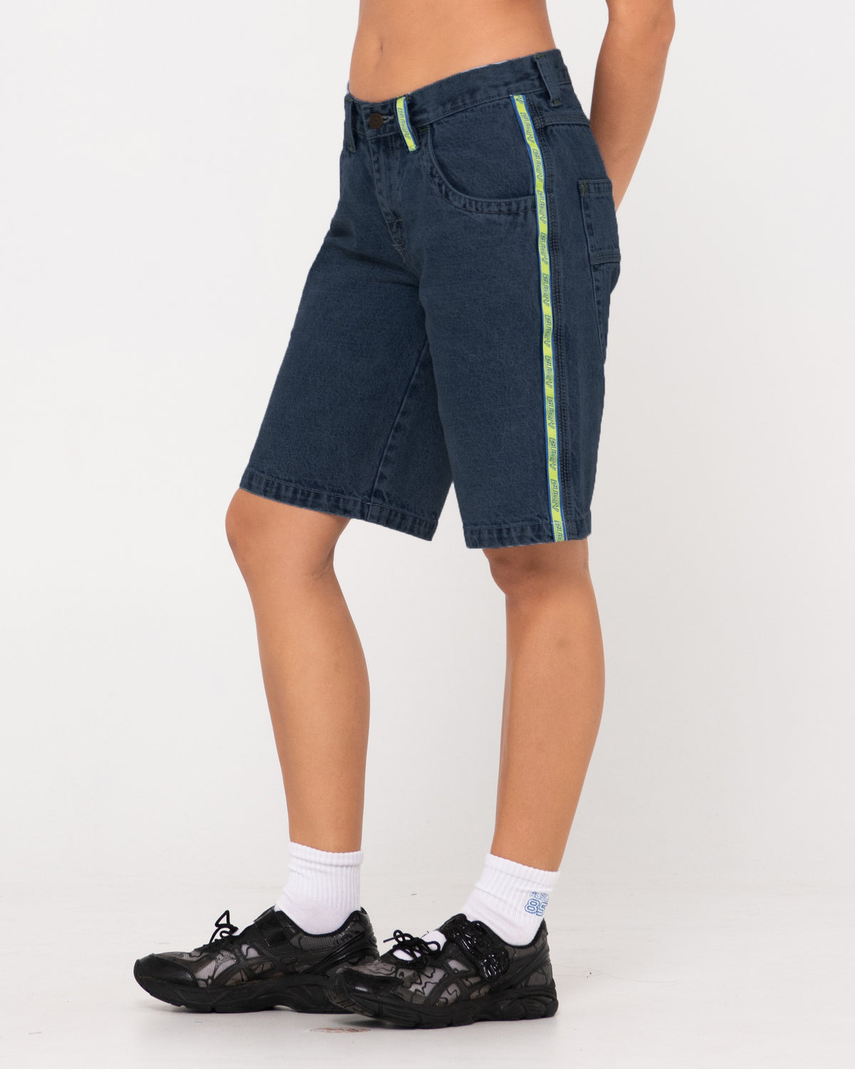 WOMENS FLIP MOMMY LOW RISE WIDE LEG DENIM SHORTS