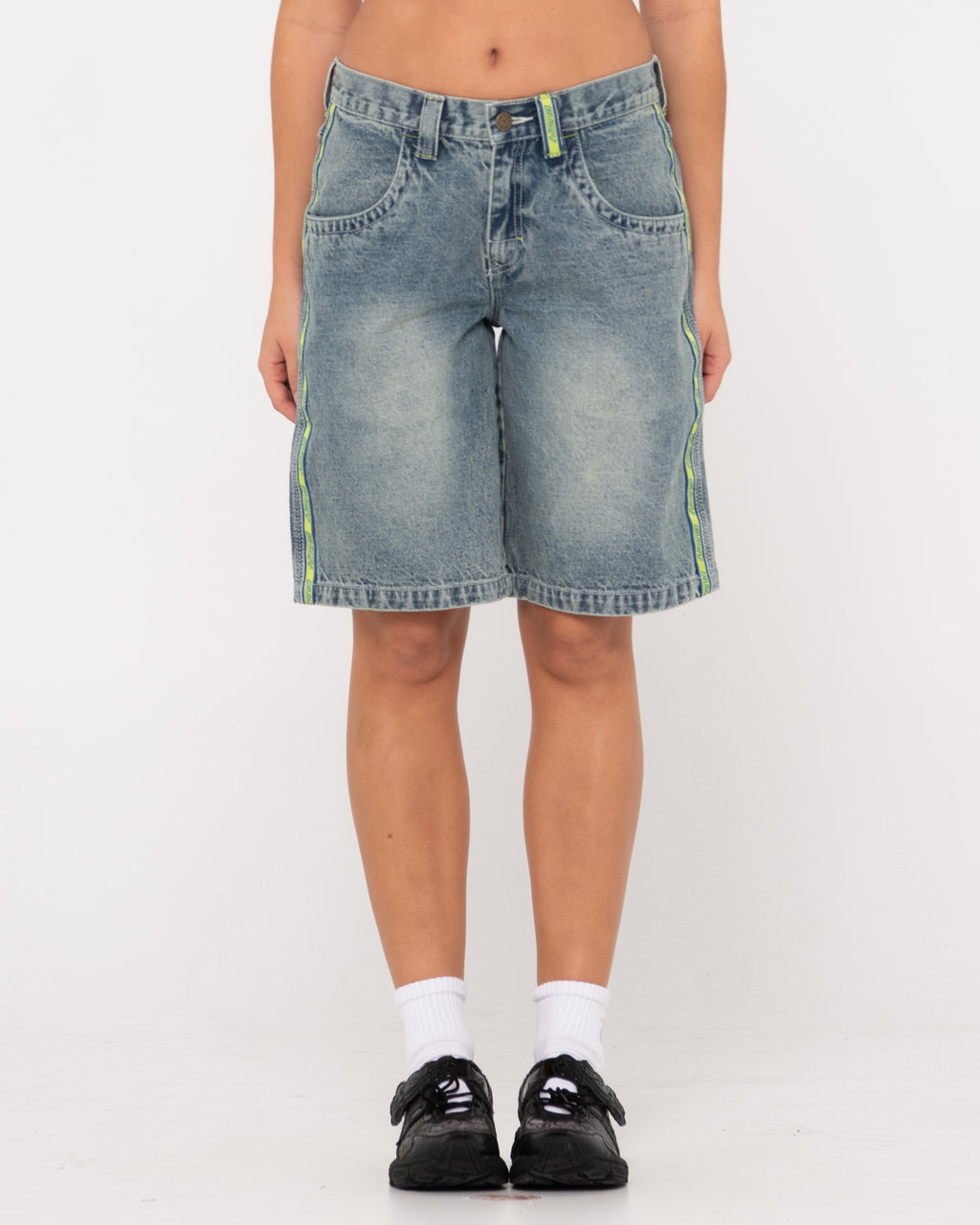 WOMENS FLIP MOMMY LOW RISE WIDE LEG DENIM SHORTS