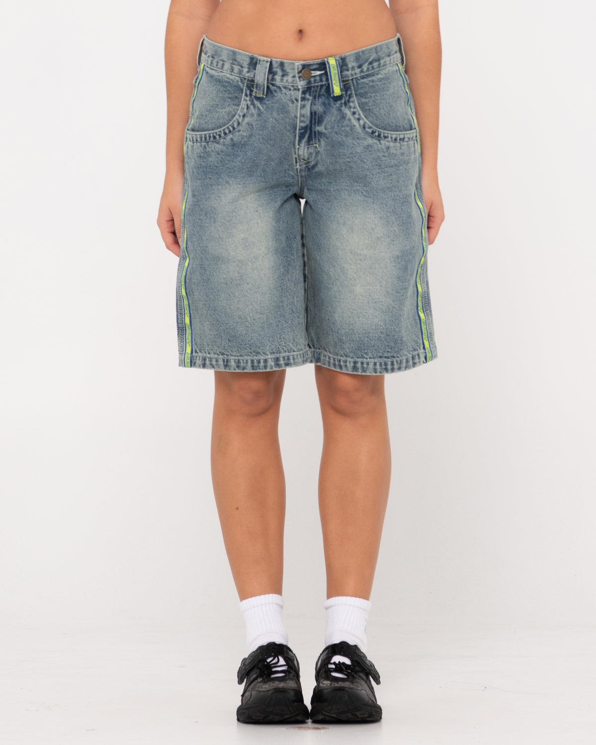 WOMENS FLIP MOMMY LOW RISE WIDE LEG DENIM SHORTS