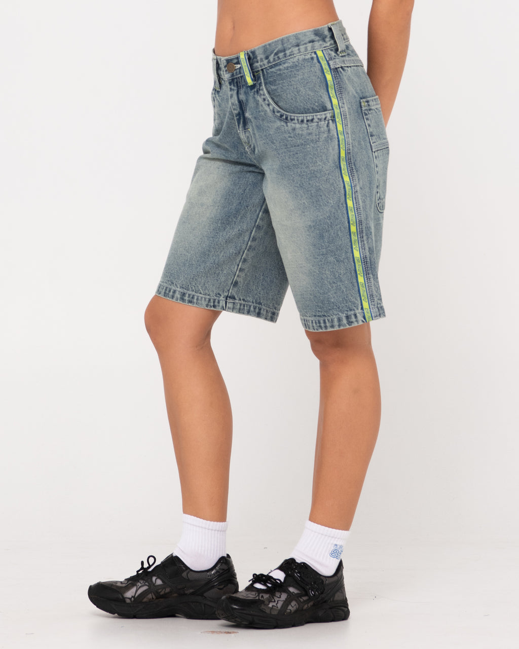 WOMENS FLIP MOMMY LOW RISE WIDE LEG DENIM SHORTS
