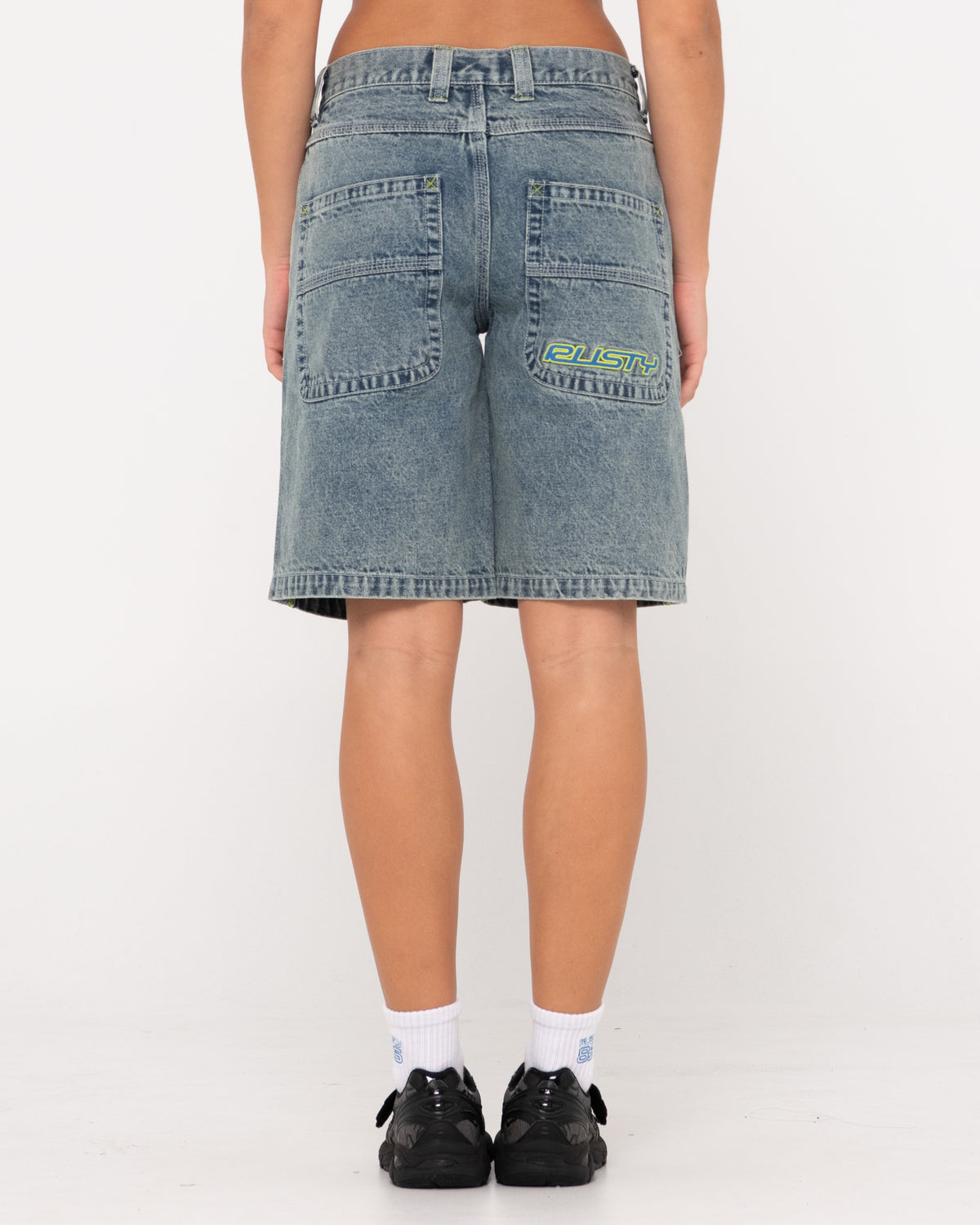 WOMENS FLIP MOMMY LOW RISE WIDE LEG DENIM SHORTS