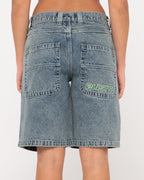 WOMENS FLIP MOMMY LOW RISE WIDE LEG DENIM SHORTS