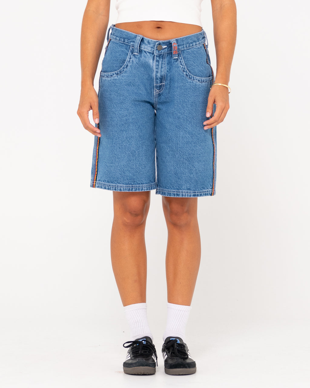 WOMENS FLIP MOMMY LOW RISE WIDE LEG DENIM SHORTS