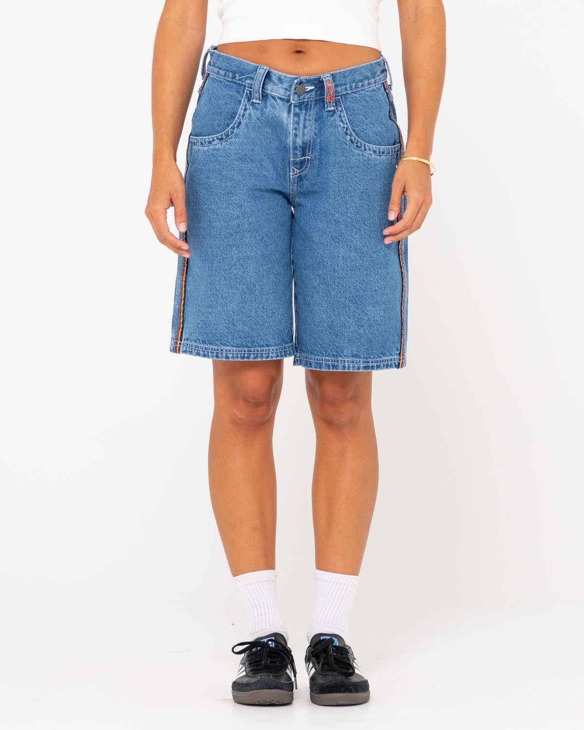 WOMENS FLIP MOMMY LOW RISE WIDE LEG DENIM SHORTS