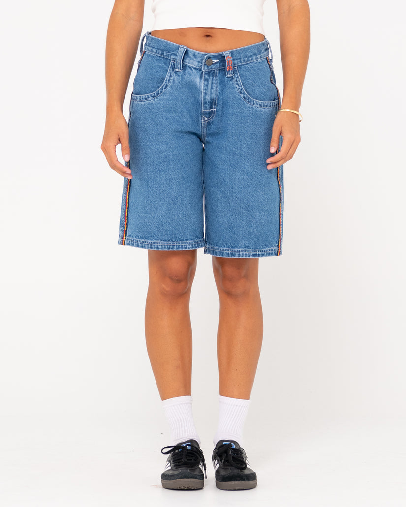 WOMENS FLIP MOMMY LOW RISE WIDE LEG DENIM SHORTS
