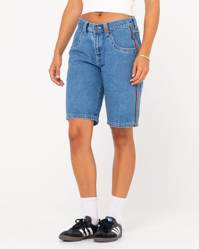 WOMENS FLIP MOMMY LOW RISE WIDE LEG DENIM SHORTS
