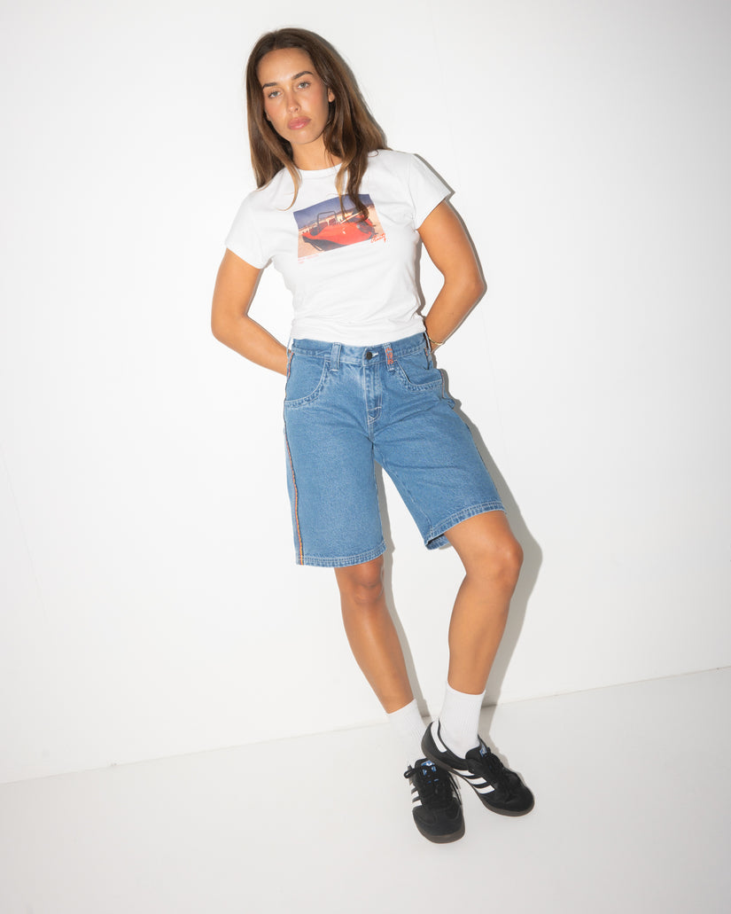 WOMENS FLIP MOMMY LOW RISE WIDE LEG DENIM SHORTS