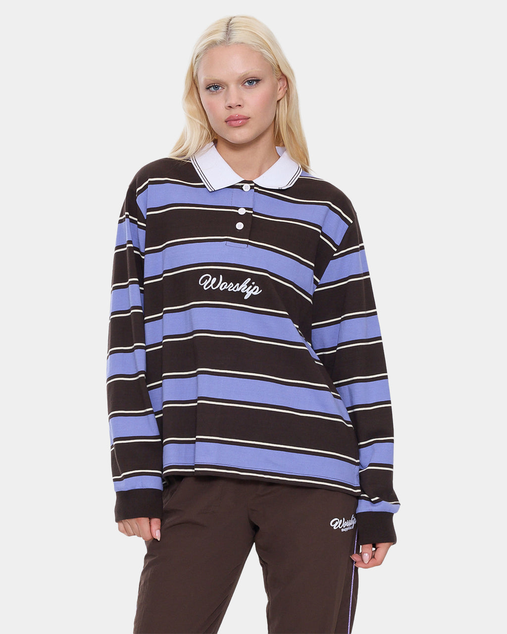 Womens Coed Striped Polo Long Sleeve Shirt